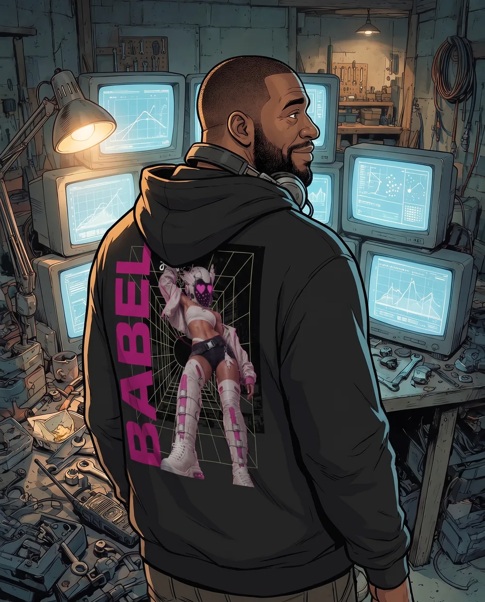 Brick at his desk in the B-M0 1.0 hoodie, the BABEL back print facing the room