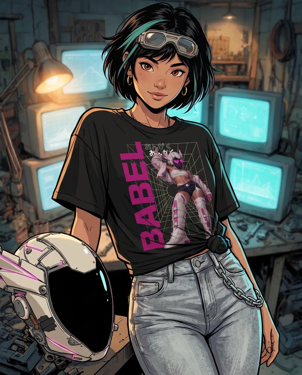 Sckye off duty in the B-M0 1.0 tee, her stage helmet on the bench beside her